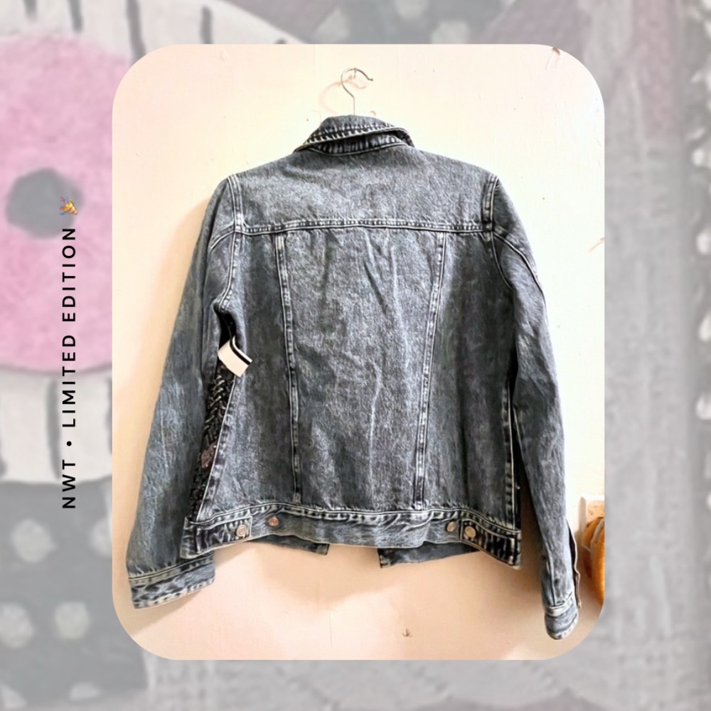 nwt ๐ denim moto jacket with abstract plaid sequins - Picture 3 of 16